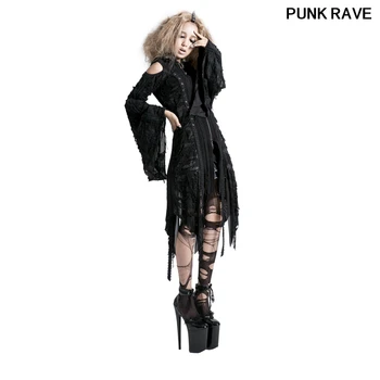

Gothic Women Vintage Black Long Sleeves Hooded Sweater Punk Zipper Design Winter Hole Knitted Sweaters Cardigans Punk Rave M-025