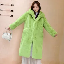 ANSFX, корейский стиль, искусственный кроличий мех, с капюшоном, длинная куртка, кудрявая, мохнатая, верхняя одежда, зимняя, сохраняющая тепло, стильное Женское пальто, топы, 3 цвета