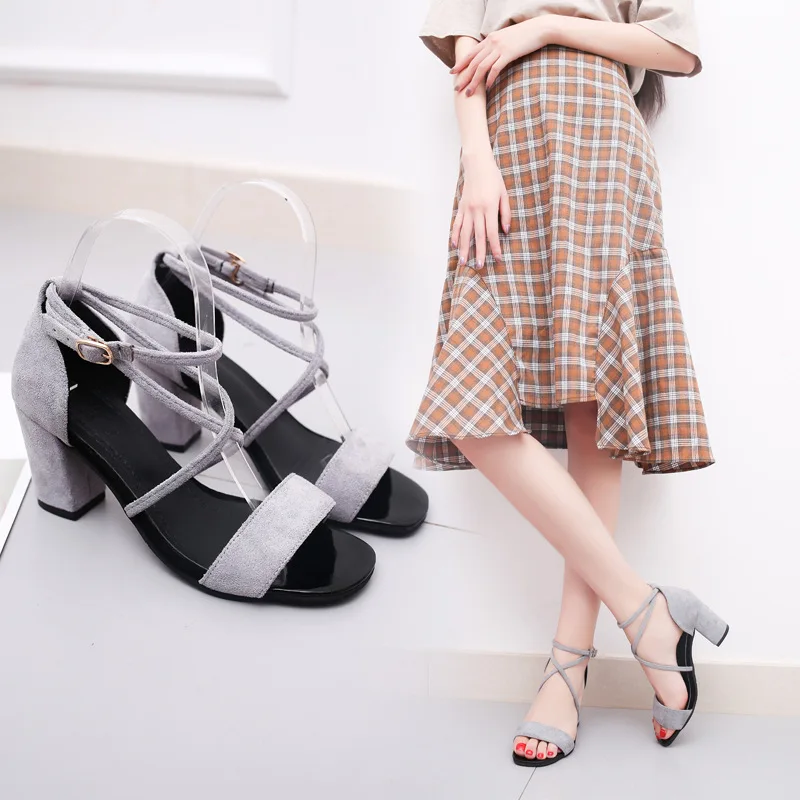 

Spring And Summer Chunky-Heel Suede Straight-line Buckle Korean-style Sandals Women's Cross Straps Open Toe High-heeled Shoes
