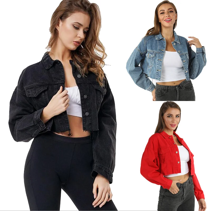 

Drop Shoulder Jacket Long Sleeve Frayed Hem Ripped Crop Denim Jacket Women High Street Single Breasted Solid Short Jackets Blue