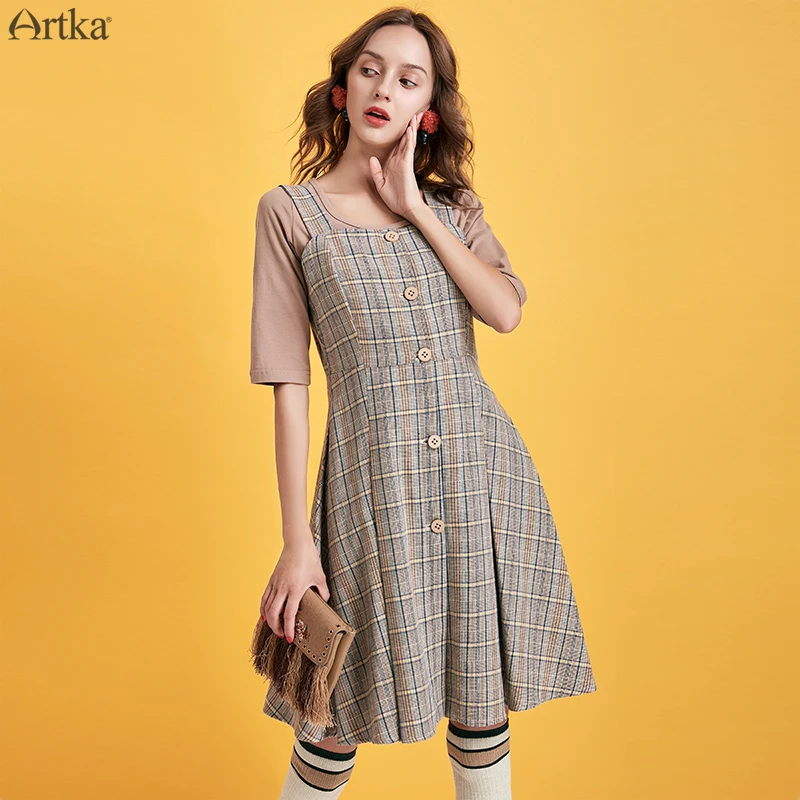 ARTKA Осень Зима Новое Женское платье винтажное клетчатое платье шерстяное платье модное однобортное Плиссированное Платье женское LA10391Q