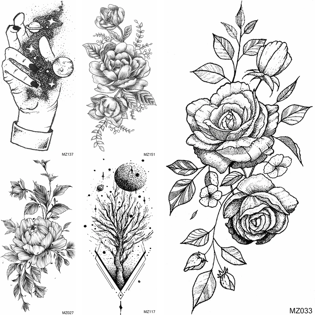 Hitam Bunga Sementara Tato Palsu Sketsa Pensil Pencil Sketch