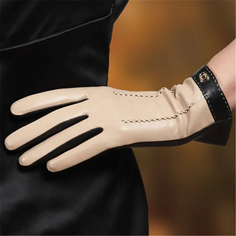 Beige Black Настоящие Кожаные женские перчатки тачскрин двухцветные модные трендовые зимние Утепленные овчины женские перчатки L169NC2 - Цвет: Beige Black