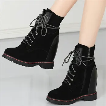 

Punk Creepers Women Lace Up Genuine Leather High Heel Ankle Boots Female High Top Round Toe Platform Pumps Shoes Casual Shoes