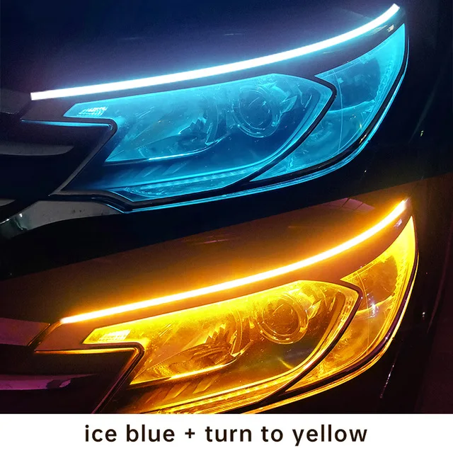 2pcs LED DRL Car Daytime Running Light Flexible Waterproof Strip Auto Headlights White Turn Signal Yellow Brake Flow Lights 12V ice blue yellow