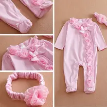 Emmababy Одежда для новорожденных девочек сплошной Цвет, на осень, с длинным рукавом, с цветочным принтом, Детский комбинезон с повязкой-бантом, комплект из 2 предметов, наряды одежда из хлопка