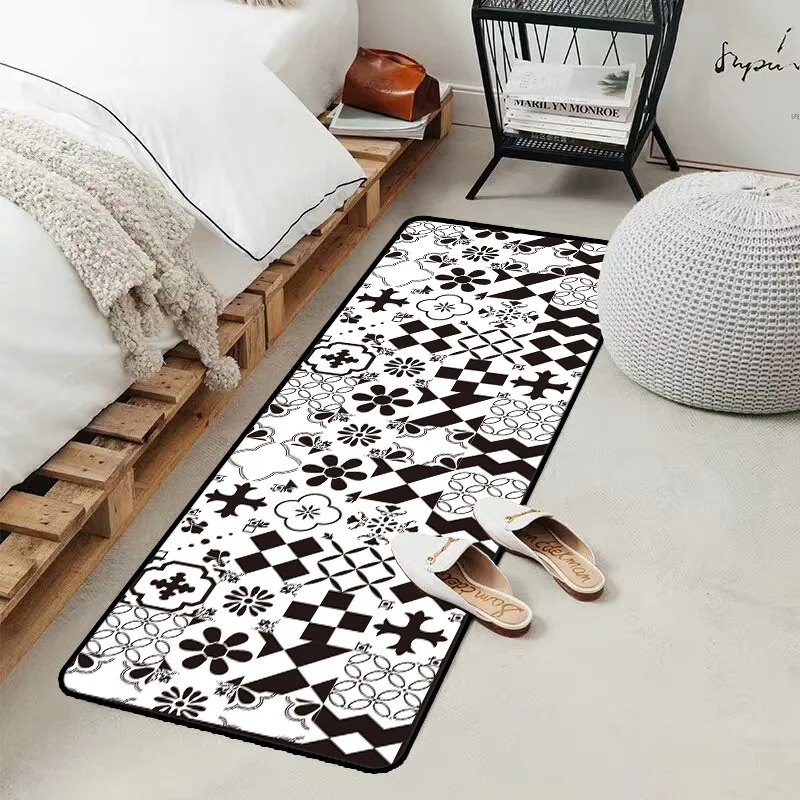 Европейский черно-белый геометрический вышитый цветы кухонный мат в полоску нескользящий ковер прикроватный коврик для спальни плюшевый напольный коврик