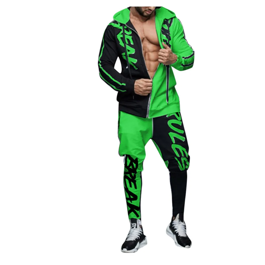 Зеленый Мужской комплект для бега, модный мужской комплект с капюшоном, Лоскутная Толстовка, топ, брюки, комплекты, спортивный костюм, спортивная одежда, мужской комплект#251116 - Цвет: Зеленый