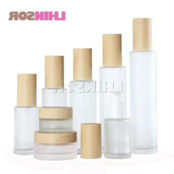 

5pcs/lot Wood Grain Cover Frosted Glass Spray Press Pump Bottle Lotion Bottles Cream Jars Empty Cosmetic Packing Containers