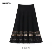 INNASOFAN, теплая трикотажная женская юбка, Осень-зима, плиссированная юбка, высокая талия, модная, высокая, шикарная, длинная юбка