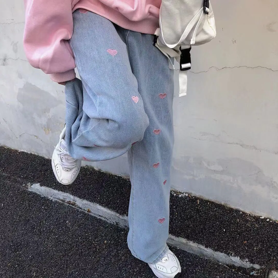 Pantalones vaqueros Vintage para mujer, Jeans holgados de pierna ancha de talla grande bordada, sudadera informal de cintura alta, primavera 2021