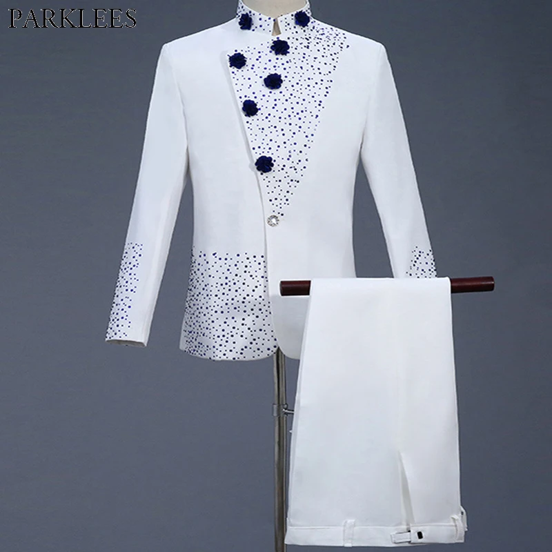 White Suit Groom Tuxedo Wedding Party Pants Slim-Fit Floral Mens Diamond for
