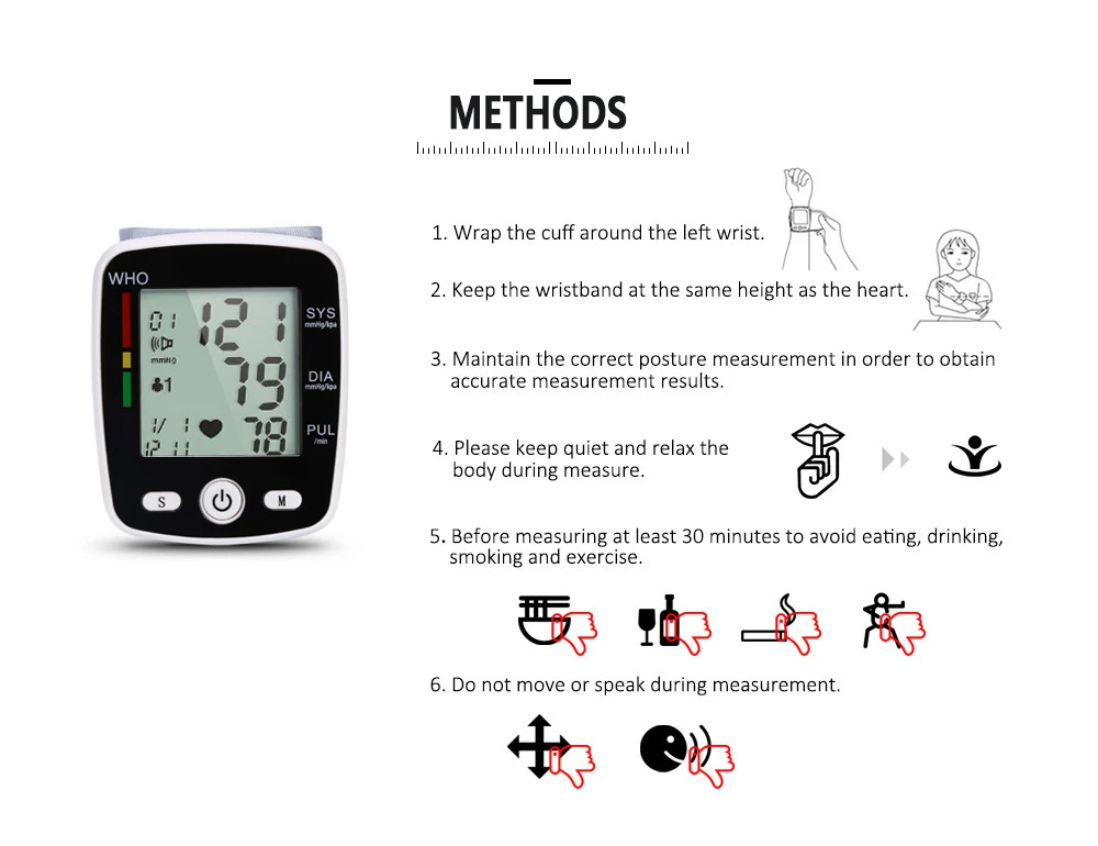 Automatic Voice Wrist Digital Blood Pressure Monitor Tonometer Meter USB Charge Wrist W355 Germany Chip LCD Display_013