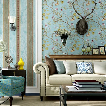 

American country light luxurious living room wallpaper vintage pastoral style flowers and birds TV background wallpaper AB