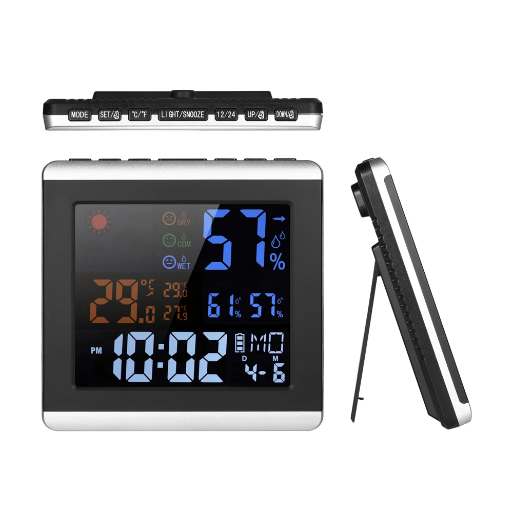 Indoor Digital Color Thermometer Hygrometer Clock LCD Temperature Humidity Meter Alarm Snooze Function Calendar