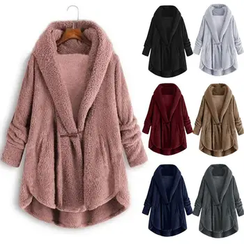

Women plus size winter solid color horn buckle double-sided fleece hooded casual loose irregular cardigan jacket (M-5XL)