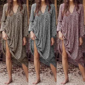 

Women Long Maxi Dresses Bohemia V-neck Sleeve Dots Print Ethnic Summer Beach Female Stylish Style Dress