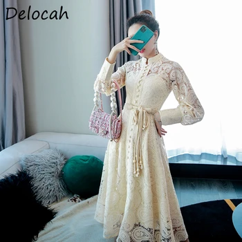 

Delocah Summer Solid Printed Fashion Ladies Dress Lantern Sleeve Gorgeous Lace Embroidery Hollow Out Female Holiday Midi Dresses
