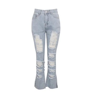 

Ladies new large size hole casual jeans women high waist jeans straight street clothing loose pants open pants women
