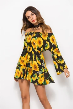 

Cover Off Print Up Sexy Bikini Shoulder Sleeve Women Summer Holiday 2019 Dress Short Beach Elegant Loose Flare