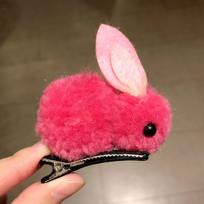 Cute Colorful Plush Rabbit Headband For Girls Sweet Hair Clip Elastic Hair Band Hairpin Ponytail Holder Fashion Hair Accessories - Цвет: rose red hairpin