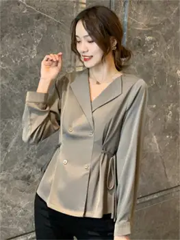 

Europe and the United States high quality chiffon shirt women's spring and autumn clothing new British style belt waist shirt