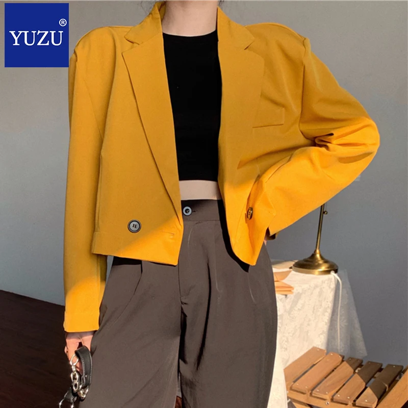 Cropped Blazer Vintage Yellow Jacket Women Short Blazer 2020 Spring Office Casual Double Breasted Padded Shoulder Overcoat