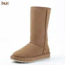 INOE Classic Women High Winter Snow Boots Real Sheepskin Suede Leather Natural Sheep Wool Fur Lined Warm Shoes Brown Waterproof