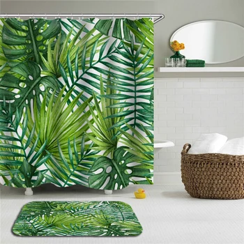 

2pc Green Plants Leaves Shower Curtains Set Bathroom Waterproof Polyester With Rectangle Non-slip Floor Mat Bath Curtain Set