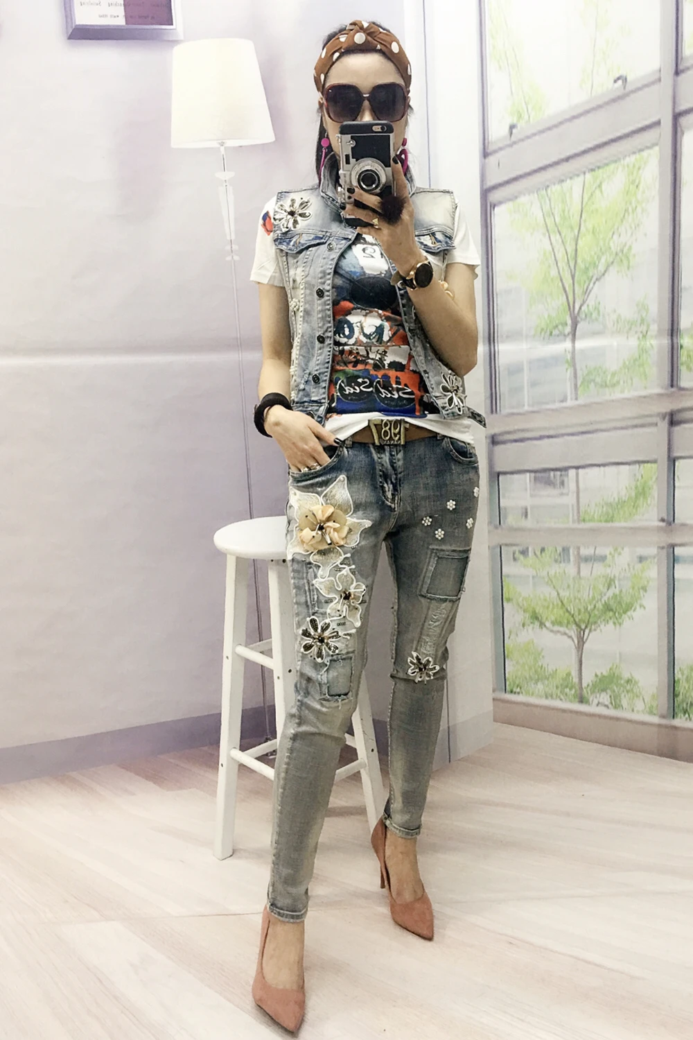 New Flower Cowboy Vest+ Stretch Pants 2 Pieces Jean And Jacket Casual Womens 2Pieces Sets Vintage Tracksuits