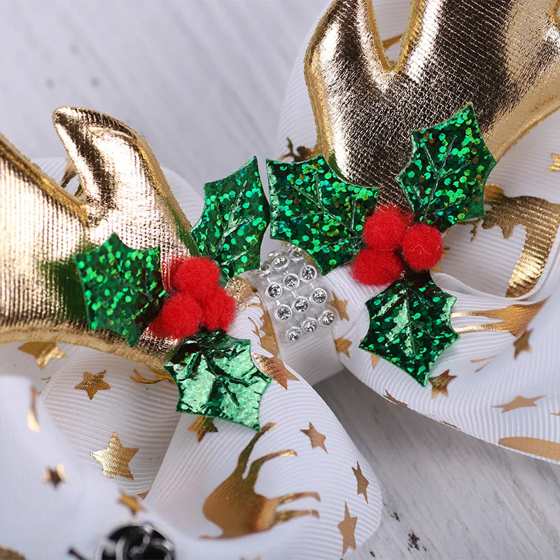 1 шт. JOJO SWIA бант зажим для волос для девочек Дети " фольгированный Печатный Рождественский Олень Рог Лента Узел Jumbo бантик для головы большой бант для волос