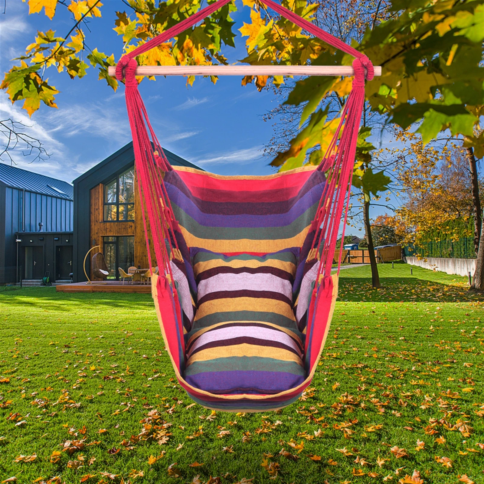 Outdoor Hammock Swing Chair with Pillow and Wooden Stick Hanging Swing Chair Portable Canvas Swing Travel Camping Lazy Chair