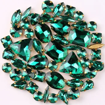 

Gold claw setting 50pcs/bag shapes mix Emerald glass crystal sew on rhinestone wedding dress shoes bags diy trim