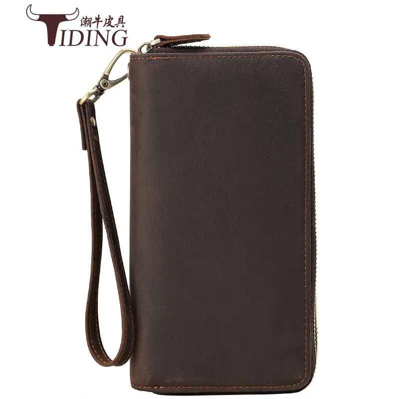 

Import Full-grain Leather Double Zip Long Wallet Genuine Leather Clutch Bag Retro Horse Leather Long Wallet 4009