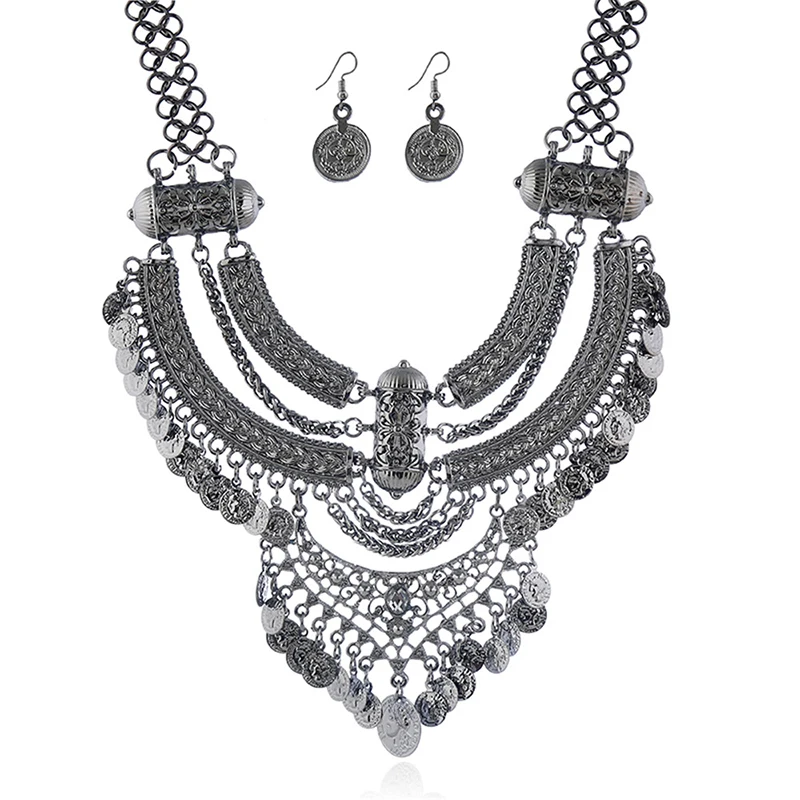 Bohemian Coin Tassel Statement Jewelry Set with Choker Necklace and Drop Earrings
