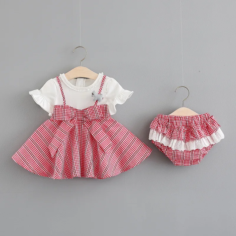 Одежда для новорожденных летняя хлопковая футболка в клетку для малышей платье+ штаны с переливами, комплект одежды из 2 предметов детская одежда для малышей, комплект одежды для маленьких девочек - Цвет: Red