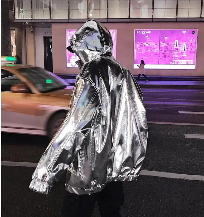S-XXL! Мужская Глянцевая кожаная куртка в стиле хип-хоп для ночного клуба, сценический костюм, серебряная куртка с капюшоном, красивая мужская одежда