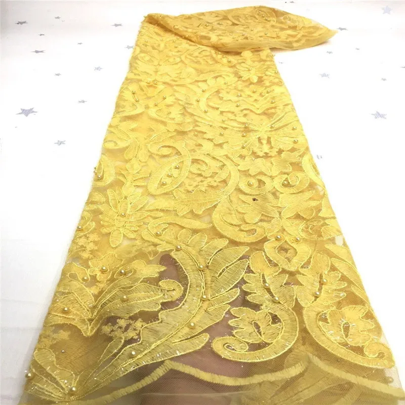 African Sequins Lace Fabrics 2020 yellow High Quality French beads Fabric Nigerian Tulle For Wedding Dress | Дом и сад