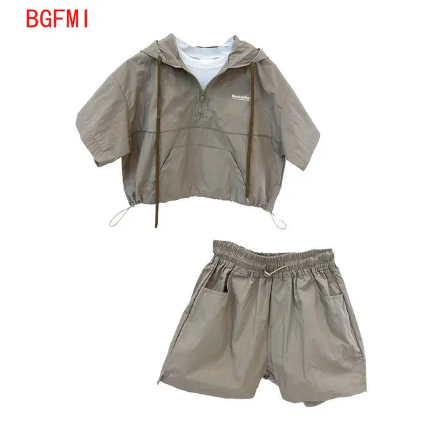 Kids Children Clothing Summer clothes 2022 Baby Boy Suit Short-sleeved fake two-piece hoodie + shorts 2 pcs set With drawstring