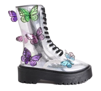 

Free shipping Butterfly Lady Ankle Boots Thick Bottom Flat Platform Shoes Lace Up Beautiful Fairy Transparent Clear Booties