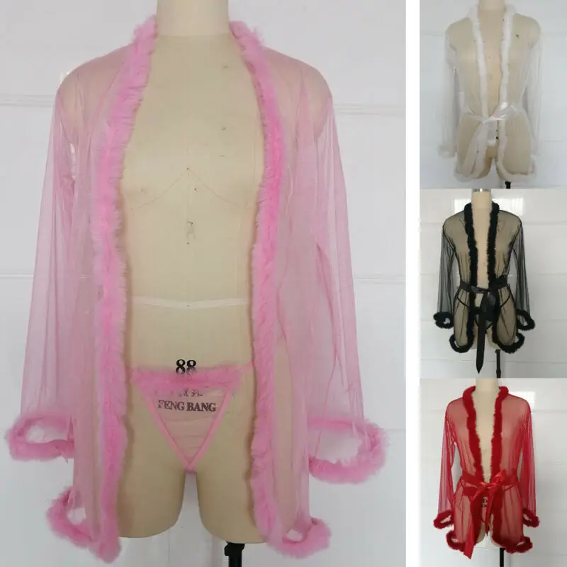 

3pcs Women Sexy Lingerie Babydoll Long Sleeve Feather Robes and G-String Sets with Belt Ladies Underwear Nightwear Exotic Sets