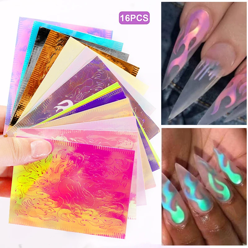 

16Pcs Fire Holographic Strip Tape Nail Art Stickers Thin Laser Silver DIY Foil Decal Nails Sticker