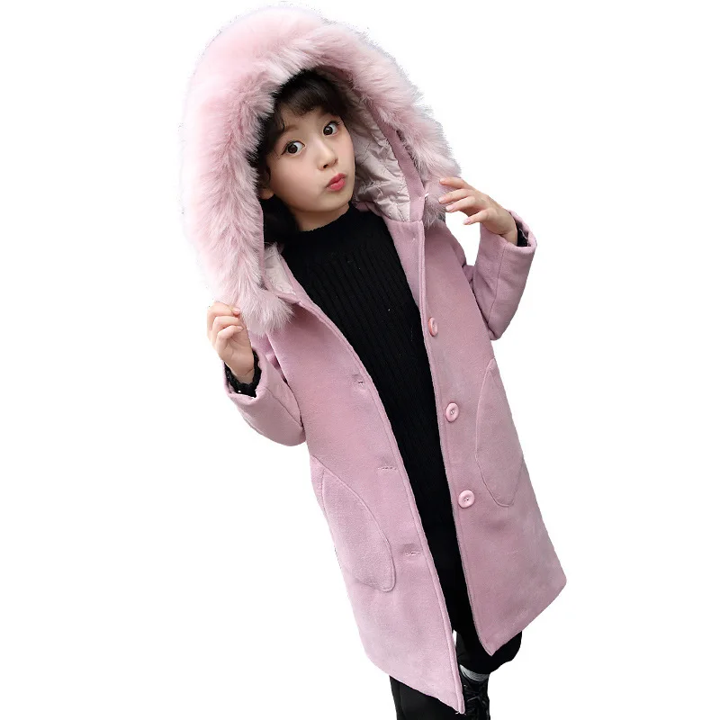 Детское шерстяное пальто на осень и зиму для девочек, модное утепленное шерстяное пальто с меховым воротником и капюшоном, куртка для 4, 6, 8, 10, 12, 14 лет, топы