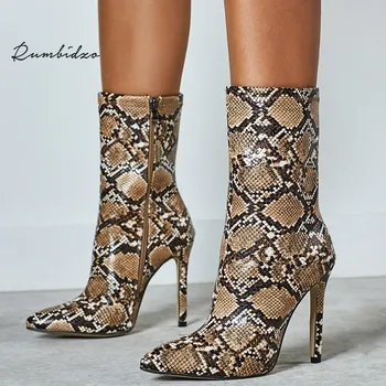 

Autumn Winter Women Ankle Boots High Heeled Side Zip Pointed Toe Boots Mujer Sexy Snake Print Party Short Boots Big Size 42
