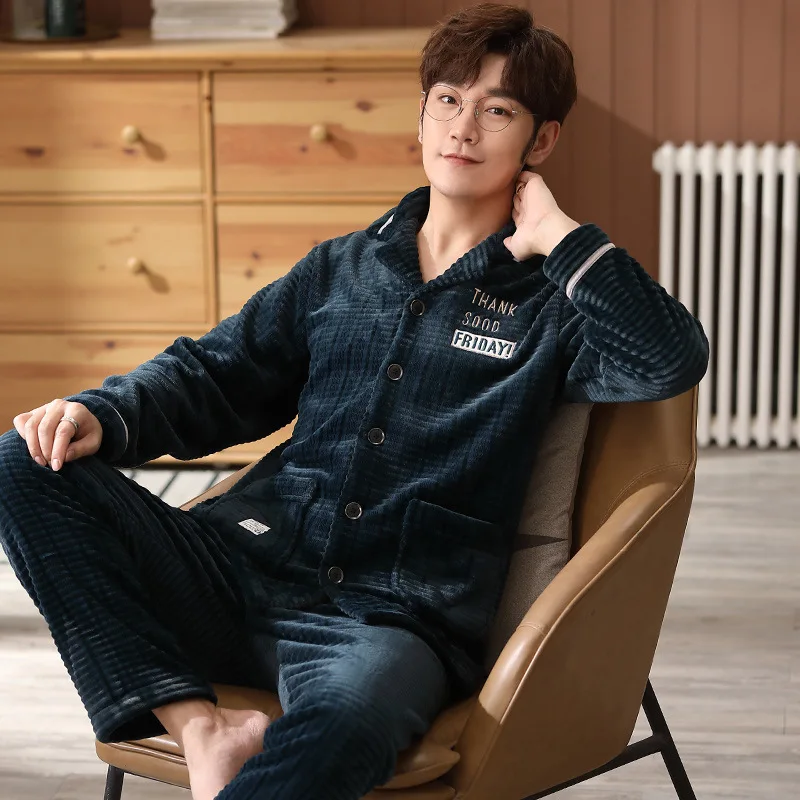 

Men's Pajamas Autumn and Winter Coral Velvet Thickened Plus Velvet Plus Size Cartoon Youth Flannel Home Service Suit Dormir Tops