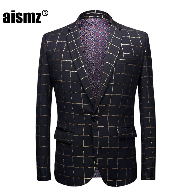 7-1 Aismz New Mens Plus Size 5XL Gold Pattern Casual Slim Fit Blazer DJ Club Stage Singer Party Costume Wedding Groom Suit Jacket - Цвет: 7-1