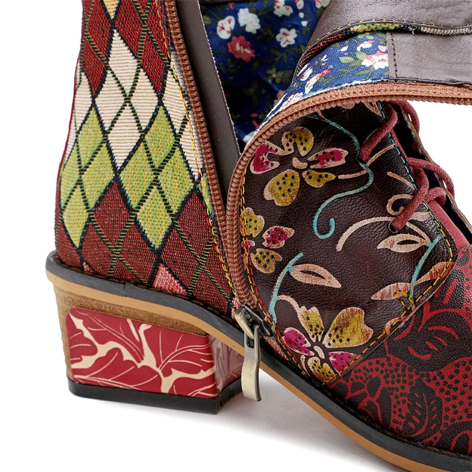 Women Boots Fashion Lace Up Ankle Boots Shoes For Woman Vintage Color Block Female Lady Thick High Heels Western Boots Handmade  (4)