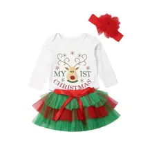 Новогодний комплект одежды для девочек, год, комбинезон с длинными рукавами для новорожденных девочек+ мини-юбка из тюля с кружевом осенняя одежда для девочек