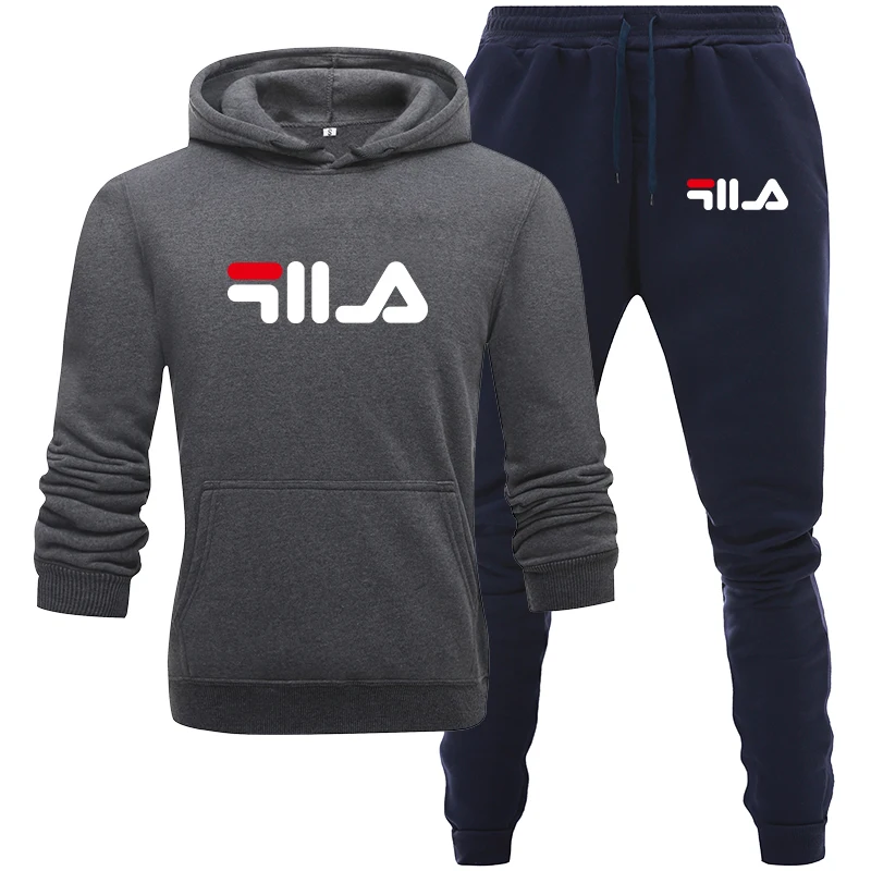 Dark gray Navy blue Модный комплект из двух предметов, брендовые толстовки с капюшоном, спортивная одежда для мужчин, спортивный костюм с капюшоном, осенняя мужская брендовая одежда, толстовки+ штаны, комплекты - Цвет: Dark gray Navy blue