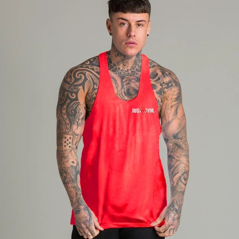 Рубашка для занятий спортом Фитнес жилет Singlet рубашка без рукавов брендовая однотонная хлопковая спортивная нижняя рубашка одежда Бодибилдинг майка топы Мужские сетчатые - Цвет: Красный